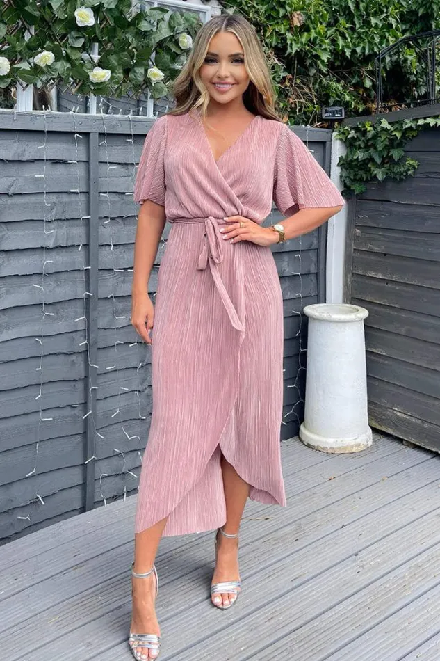AX Paris Champagne Wrap Top Belted Short Sleeve Plisse Midi Dress Dresses