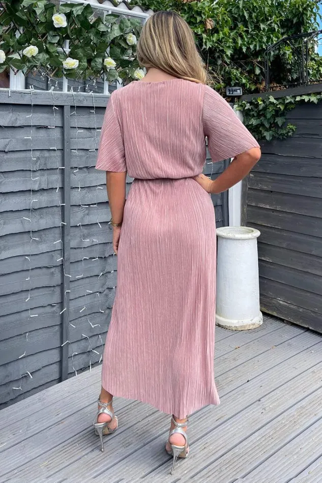 AX Paris Champagne Wrap Top Belted Short Sleeve Plisse Midi Dress Dresses