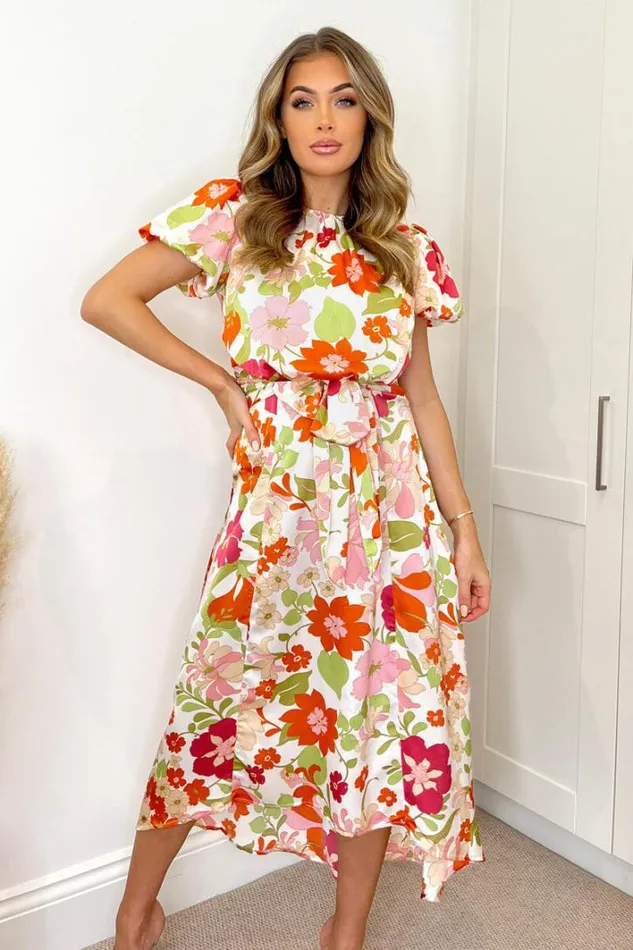 AX Paris Cream Floral Printed Puff Sleeve Tie Waist Midi Dress Dresses