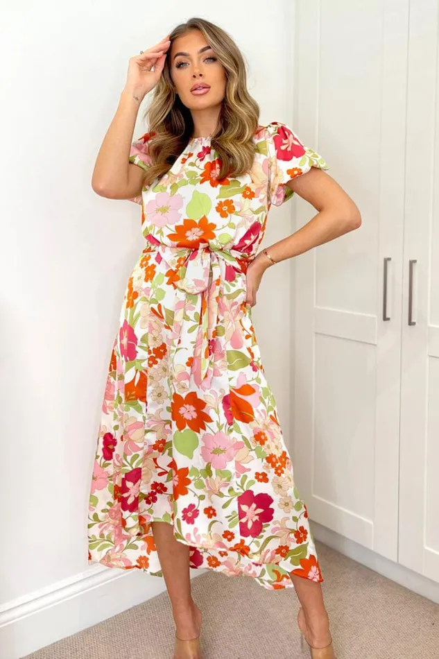 AX Paris Cream Floral Printed Puff Sleeve Tie Waist Midi Dress Dresses