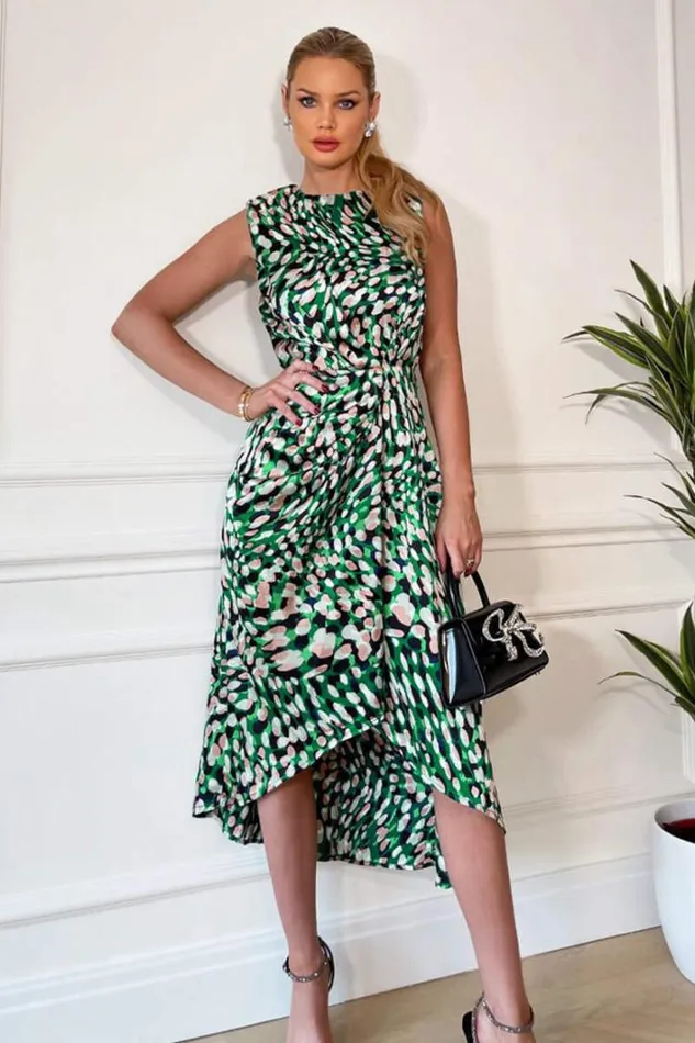 AX Paris Green Printed Gathered Waist Midi Dress With Padded Shoulders Dresses