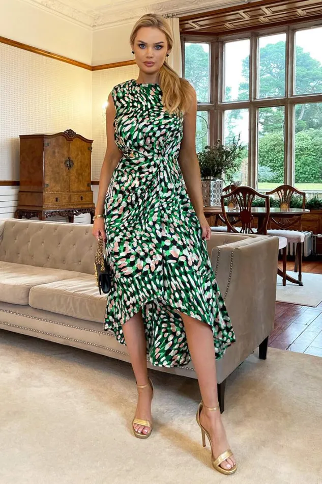 AX Paris Green Printed Gathered Waist Midi Dress With Padded Shoulders Dresses