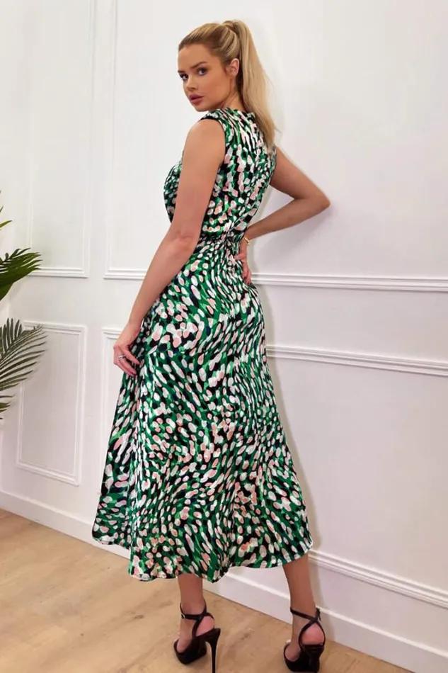 AX Paris Green Printed Gathered Waist Midi Dress With Padded Shoulders Dresses