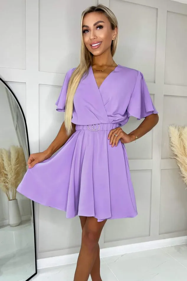 AX Paris Lilac Wrap Over Belted Skater Dress With Short Sleeves Dresses