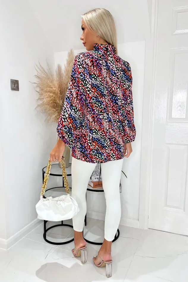AX Paris Multi Animal Print High Ruffle Neck Long Sleeve Blouse Tops