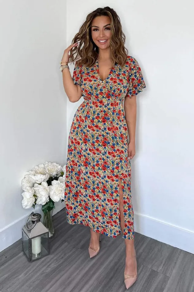 AX Paris Multi Floral V Neck Butterfly Sleeve Midi Dress Dresses