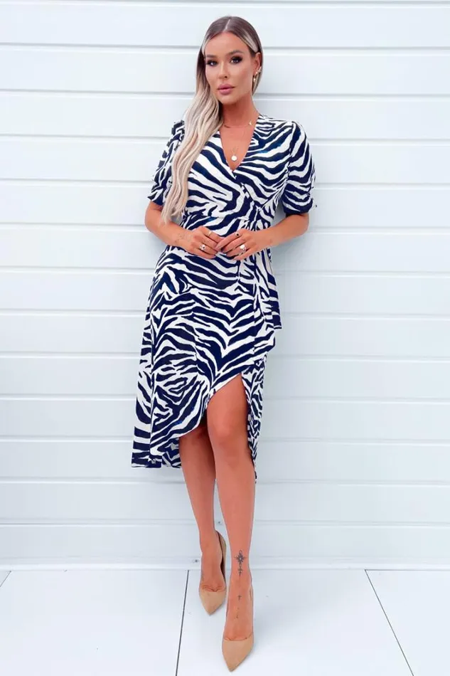 AX Paris Navy And Cream Zebra Printed Wrap Skirt Midi Dress Dresses