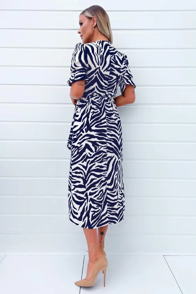 AX Paris Navy And Cream Zebra Printed Wrap Skirt Midi Dress Dresses