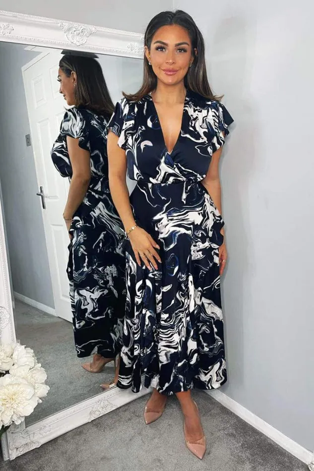 AX Paris Navy Marble Print Short Sleeve Ruffle Midi Dress Dresses