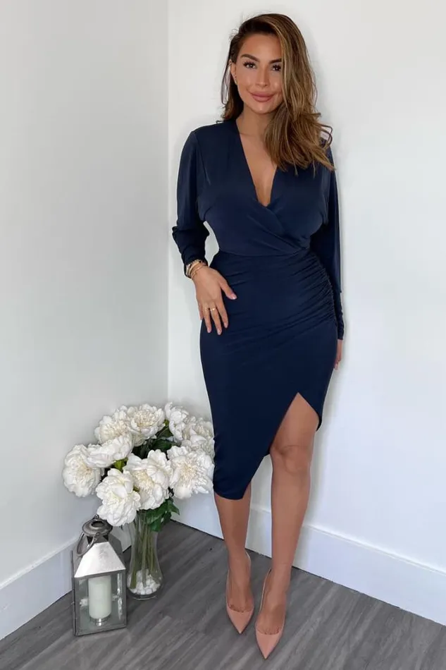 AX Paris Navy Ruched Side Wrap Top Midi Dress Dresses