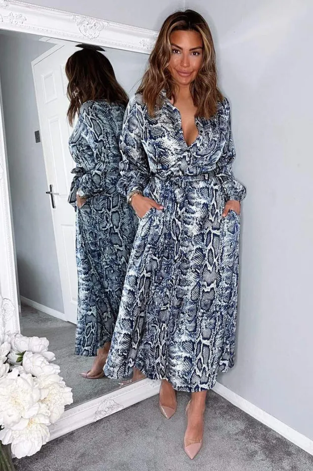 AX Paris Navy Snake Print Tie Waist Midi Shirt Dress Dresses