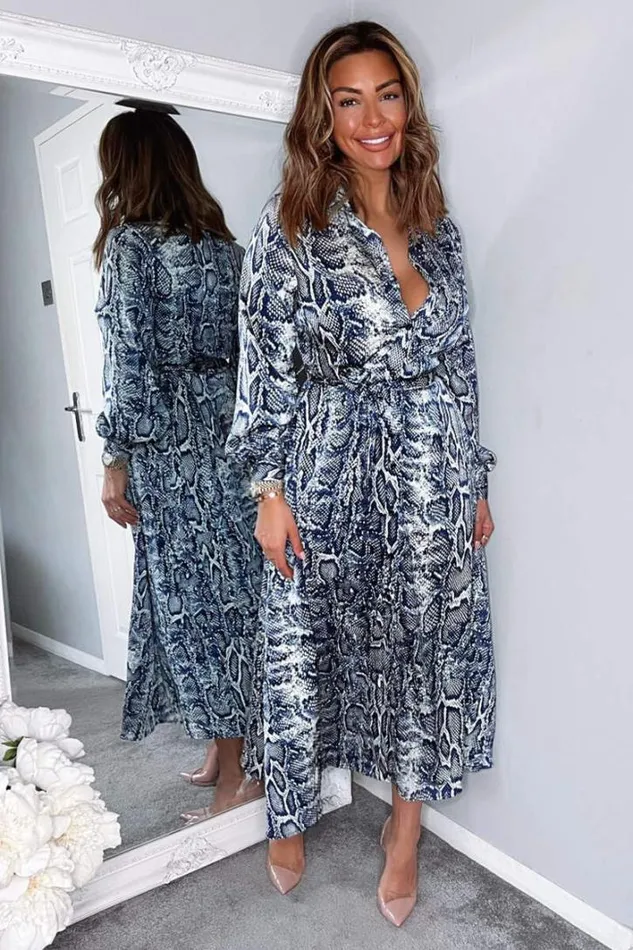 AX Paris Navy Snake Print Tie Waist Midi Shirt Dress Dresses