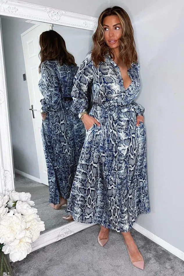 AX Paris Navy Snake Print Tie Waist Midi Shirt Dress Dresses
