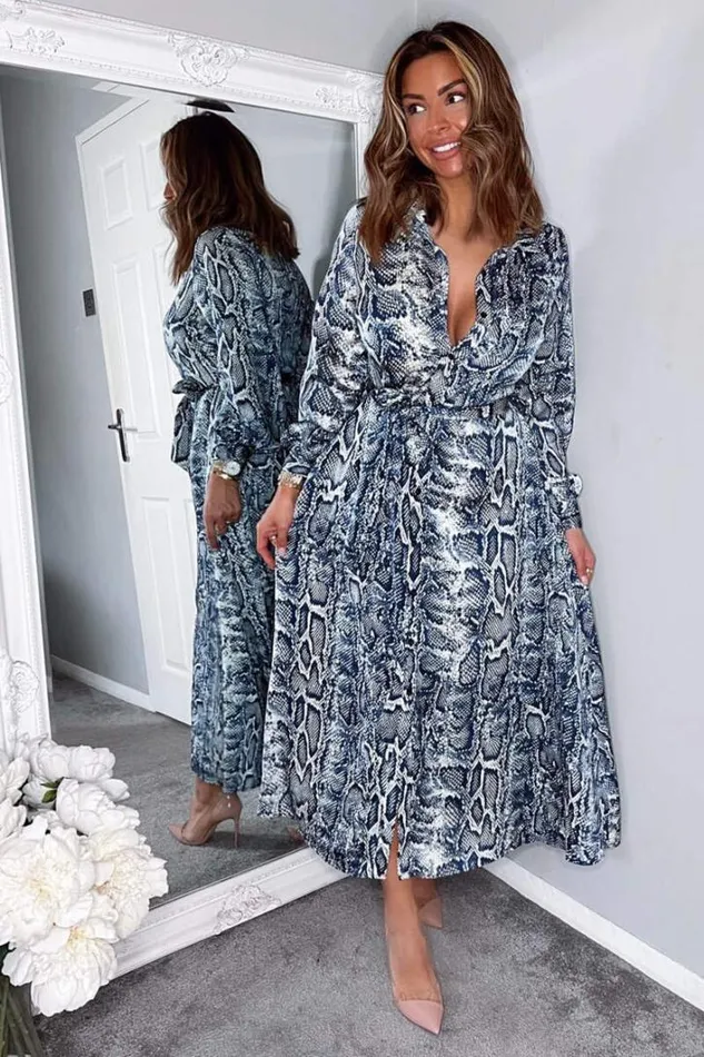 AX Paris Navy Snake Print Tie Waist Midi Shirt Dress Dresses