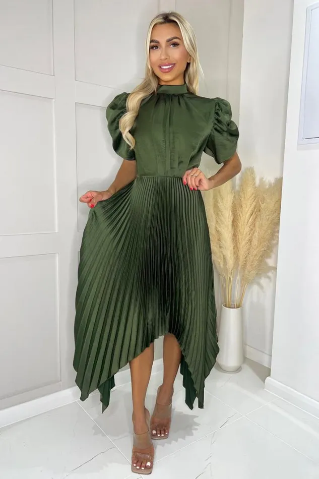 AX Paris Olive High Neck Puff Sleeve Zig Zag Hem Pleated Midi Dress Dresses