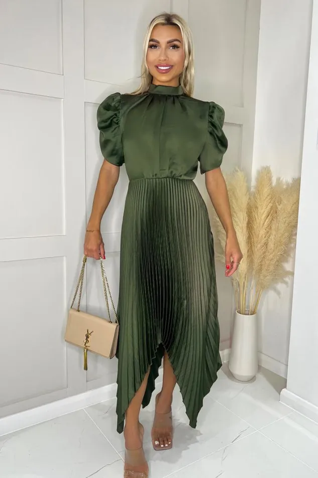 AX Paris Olive High Neck Puff Sleeve Zig Zag Hem Pleated Midi Dress Dresses