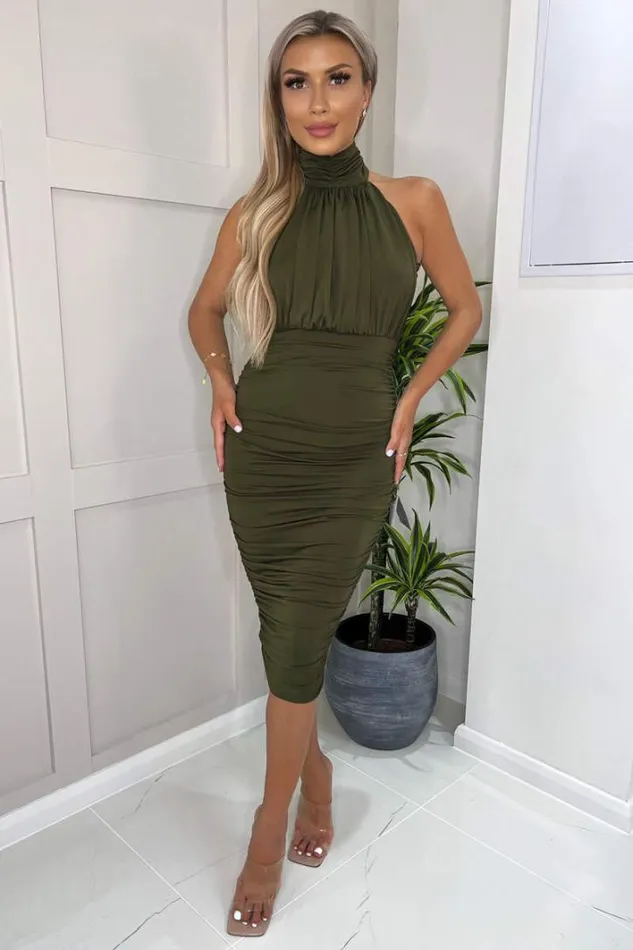 AX Paris Olive Ruched High Neck Midi Dress Dresses