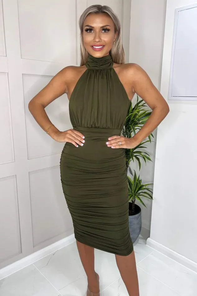 AX Paris Olive Ruched High Neck Midi Dress Dresses