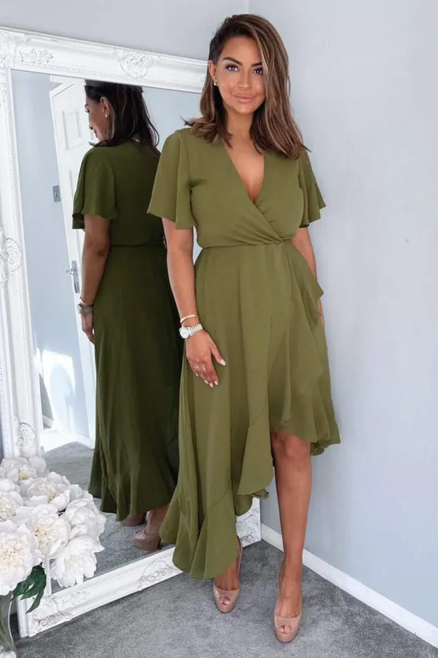 AX Paris Olive Wrap Over Top Frill Hem Midi Dress Dresses
