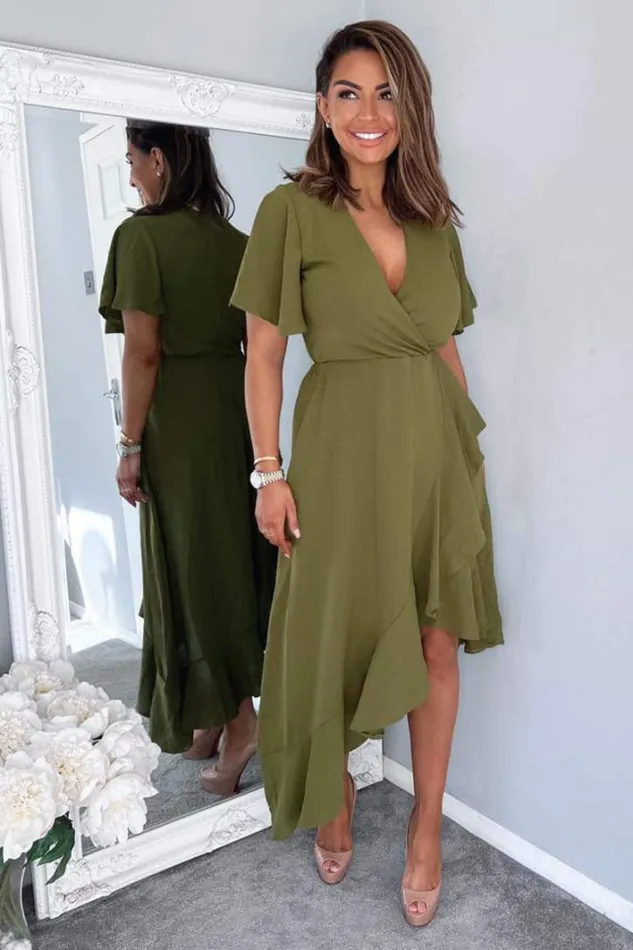 AX Paris Olive Wrap Over Top Frill Hem Midi Dress Dresses