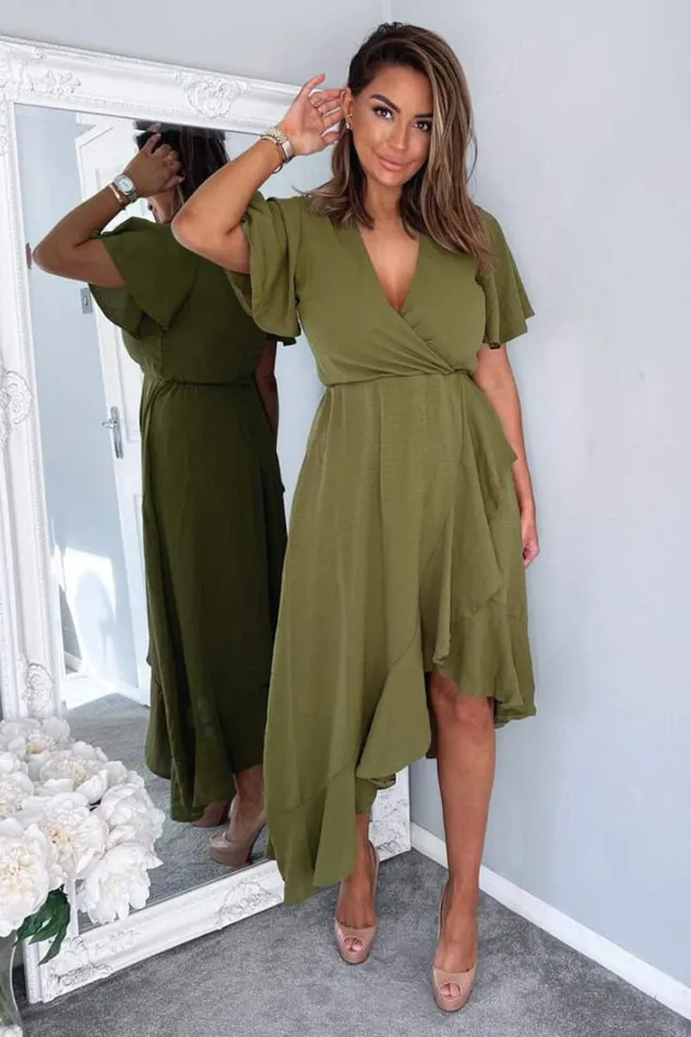 AX Paris Olive Wrap Over Top Frill Hem Midi Dress Dresses