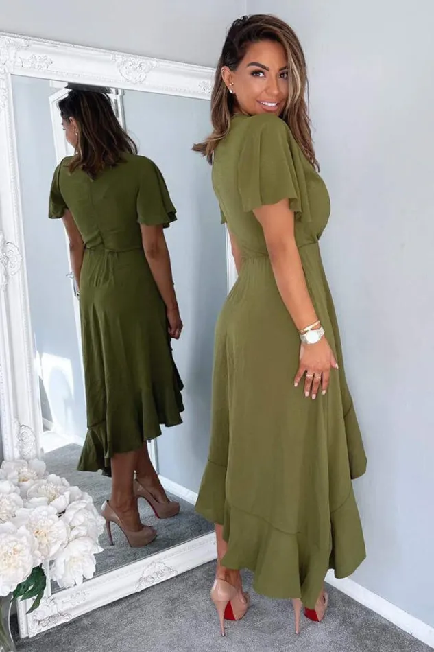 AX Paris Olive Wrap Over Top Frill Hem Midi Dress Dresses