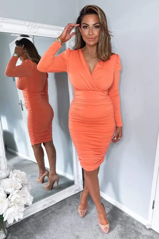 AX Paris Peach Ruched Long Sleeve Cross Front Midi Dress Dresses