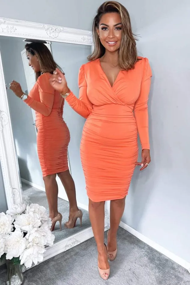 AX Paris Peach Ruched Long Sleeve Cross Front Midi Dress Dresses