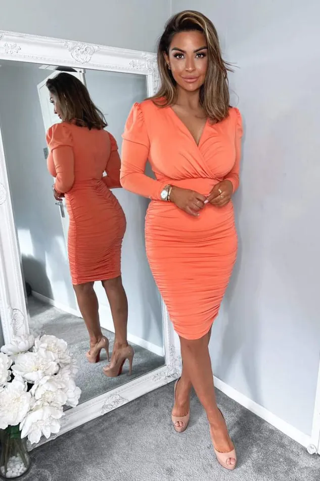 AX Paris Peach Ruched Long Sleeve Cross Front Midi Dress Dresses