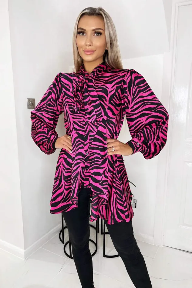 AX Paris Pink Zebra Print Tie Neck Shirt Tops