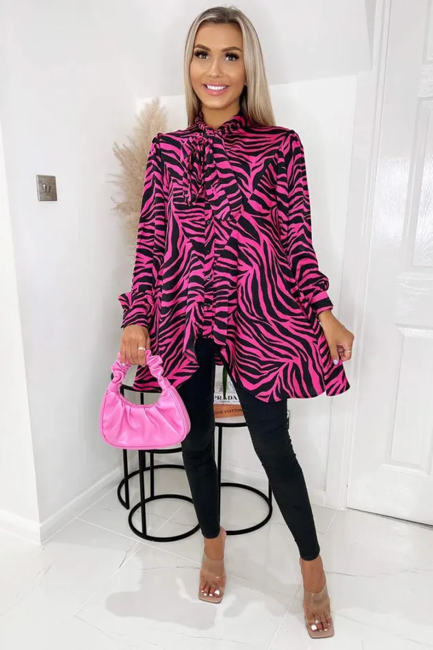 AX Paris Pink Zebra Print Tie Neck Shirt Tops