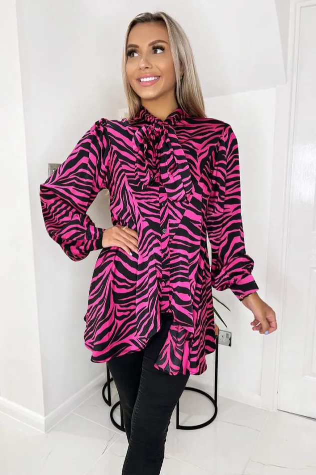 AX Paris Pink Zebra Print Tie Neck Shirt Tops