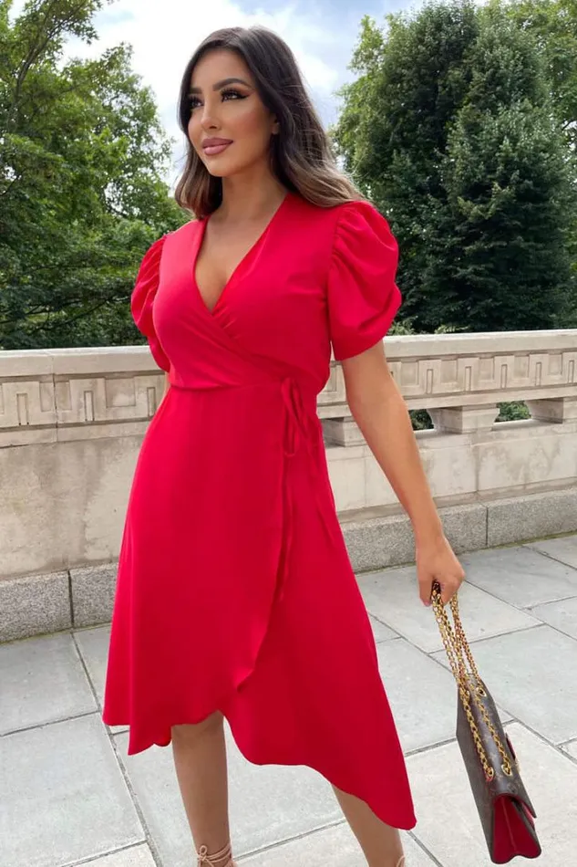 AX Paris Red Wrap Over Tie Midi Dress Wedding Guest Dresses