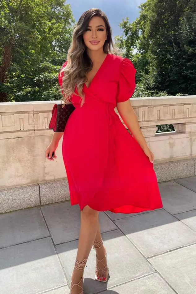 AX Paris Red Wrap Over Tie Midi Dress Wedding Guest Dresses