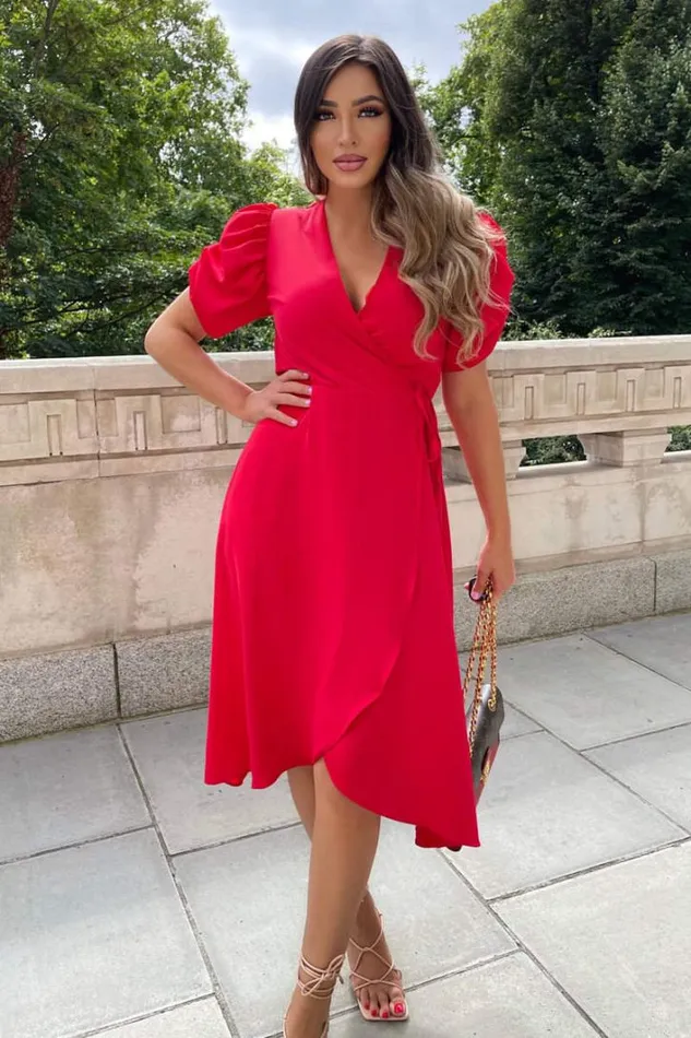 AX Paris Red Wrap Over Tie Midi Dress Wedding Guest Dresses