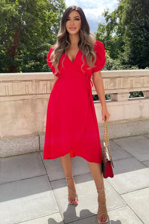 AX Paris Red Wrap Over Tie Midi Dress Wedding Guest Dresses
