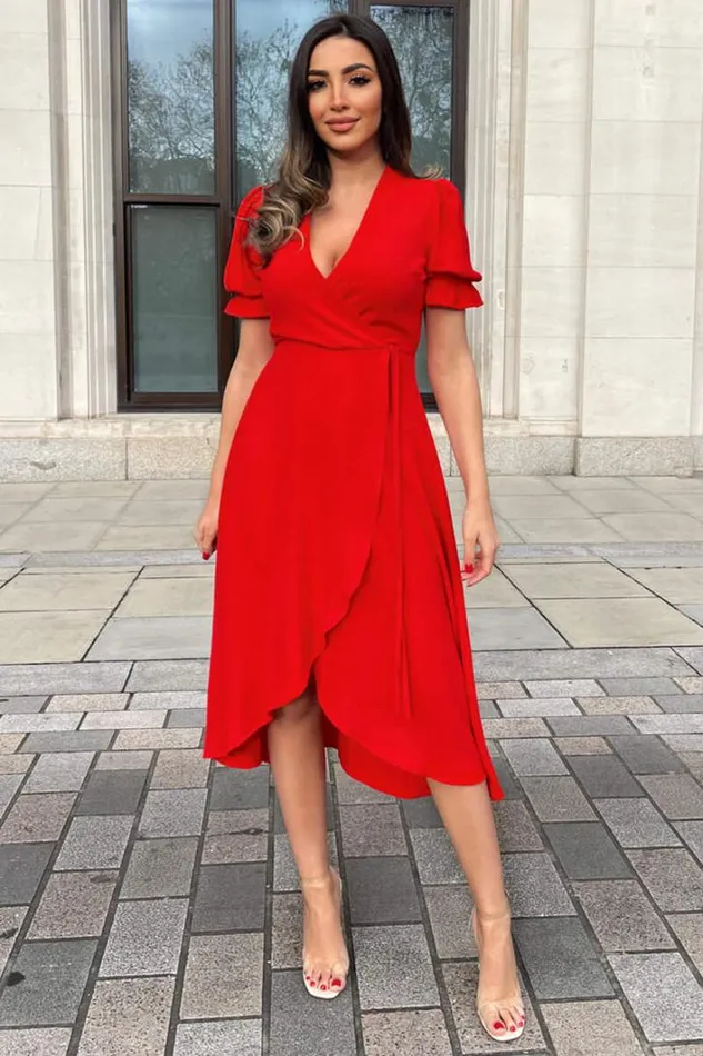 AX Paris Red Wrap Side Tie Midi Dress Dresses