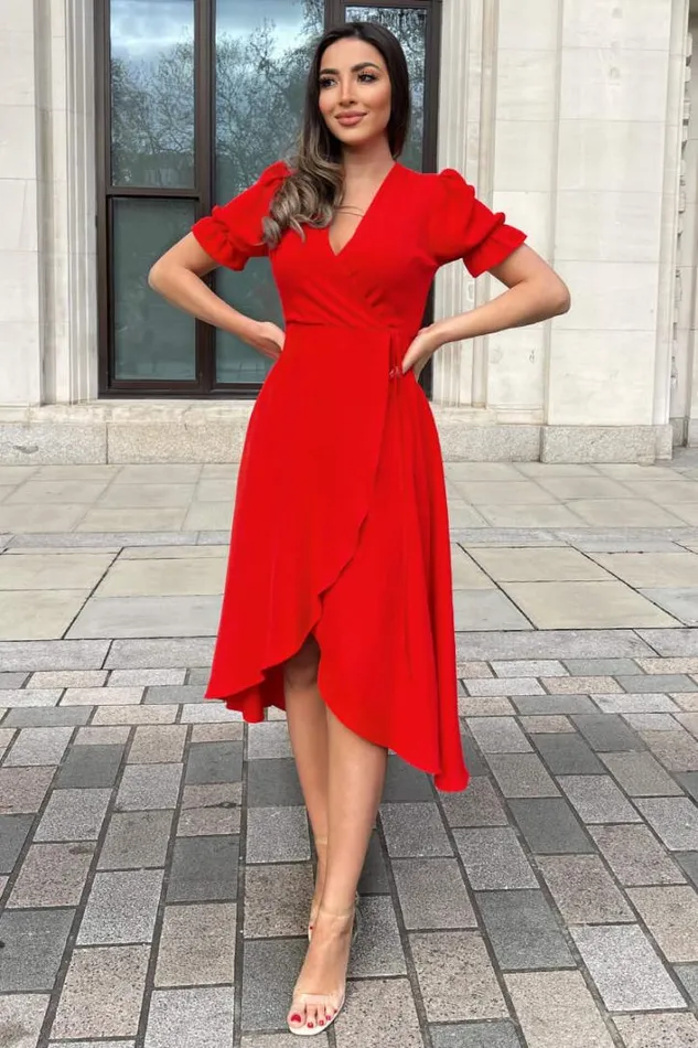 AX Paris Red Wrap Side Tie Midi Dress Dresses