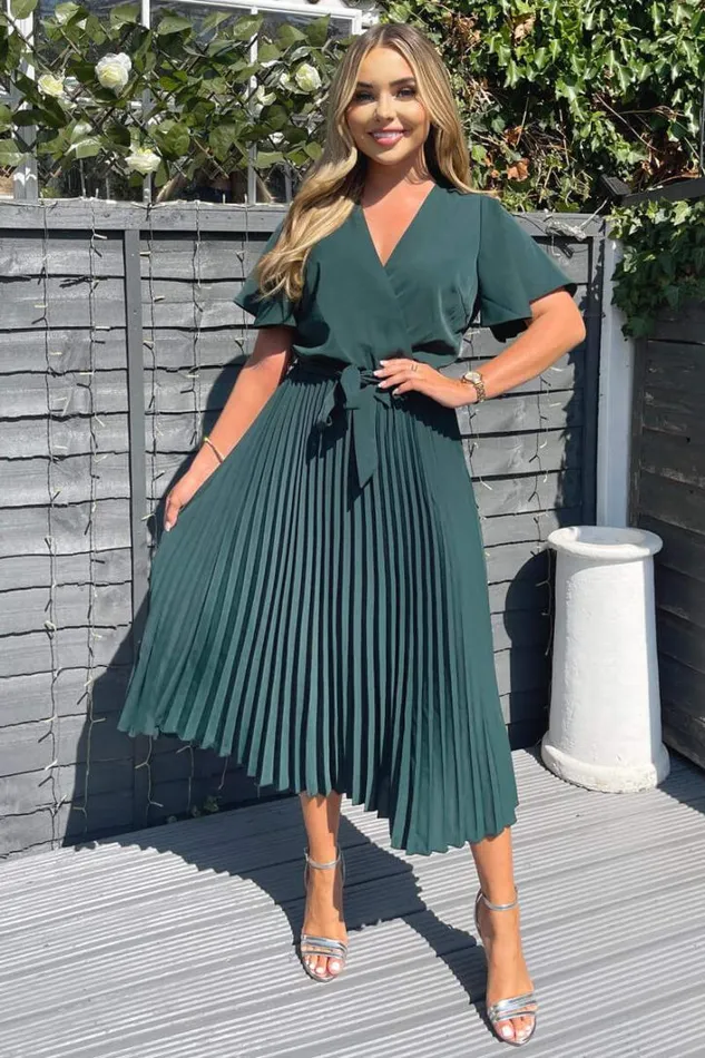 AX Paris Teal Belted Pleated Skirt Midi Dress Dresses