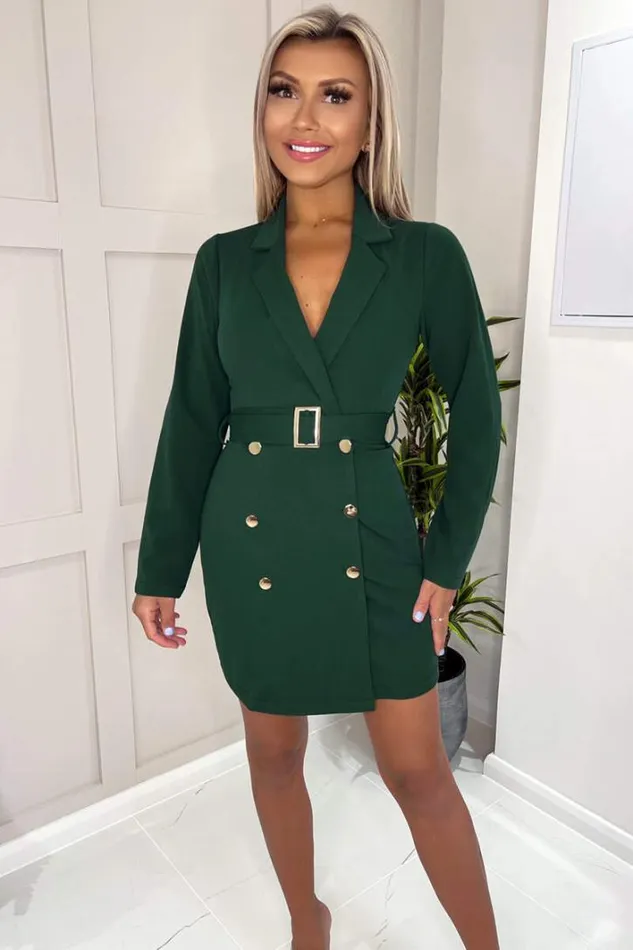 AX Paris Teal Button Front Belted Long Sleeve Blazer Dress Dresses