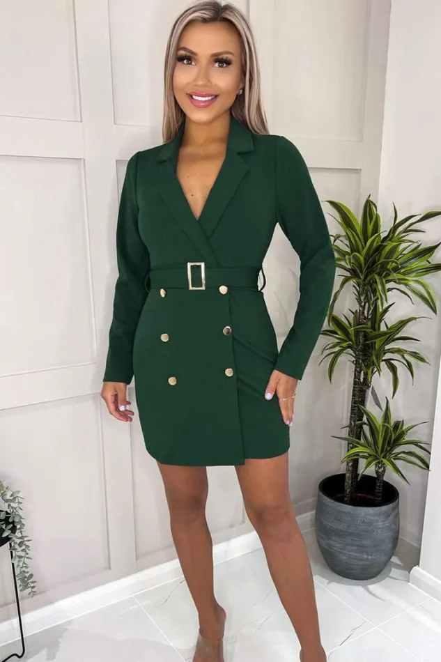 AX Paris Teal Button Front Belted Long Sleeve Blazer Dress Dresses
