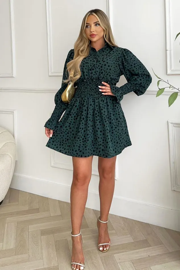 AX Paris Teal Printed Shirred Detail Long Sleeve Shirt Skater Dress Day Dresses