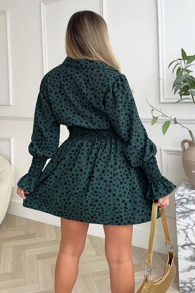 AX Paris Teal Printed Shirred Detail Long Sleeve Shirt Skater Dress Day Dresses