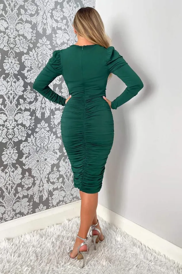 AX Paris Teal Ruched Long Sleeve Cross Front Midi Dress Dresses