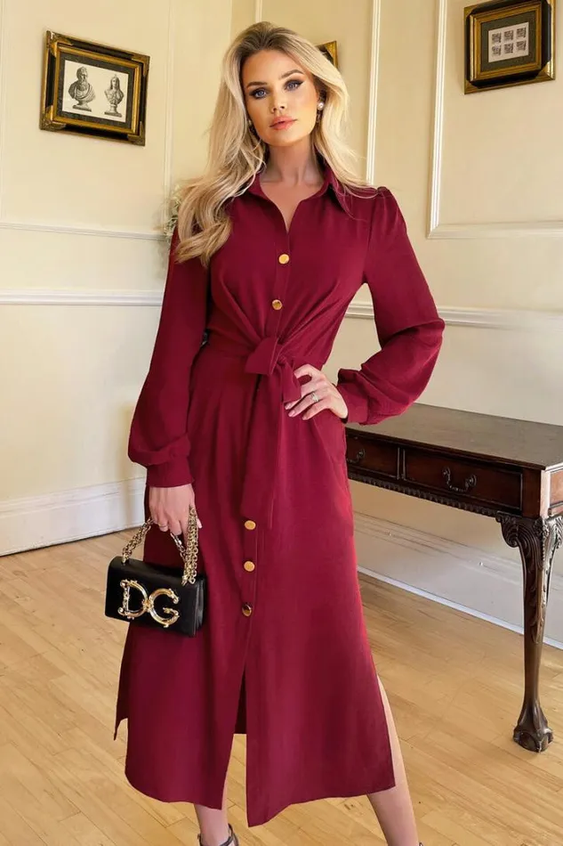 AX Paris Wine Button Front Tie Shirt Midi Dress Dresses