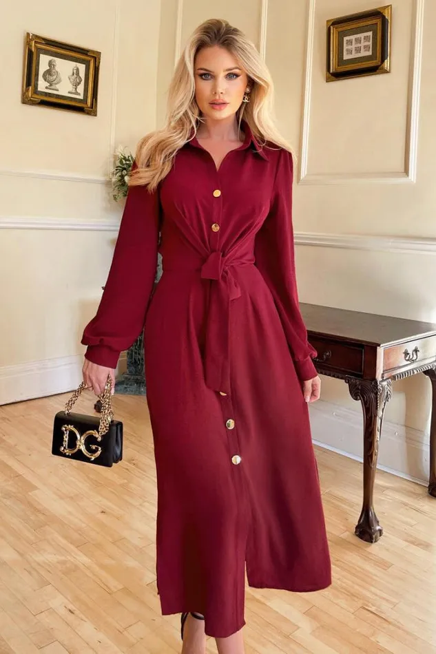 AX Paris Wine Button Front Tie Shirt Midi Dress Dresses