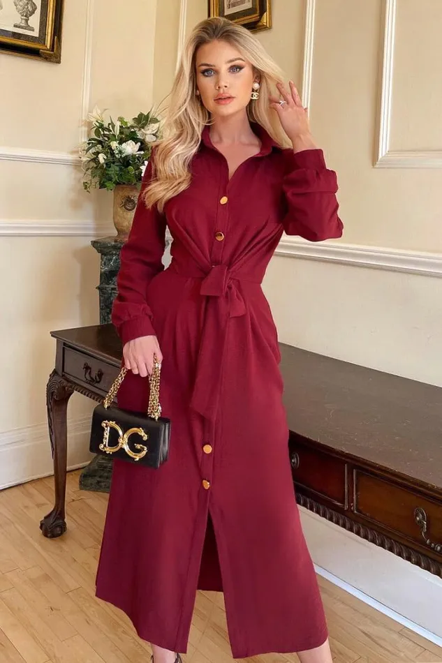 AX Paris Wine Button Front Tie Shirt Midi Dress Dresses