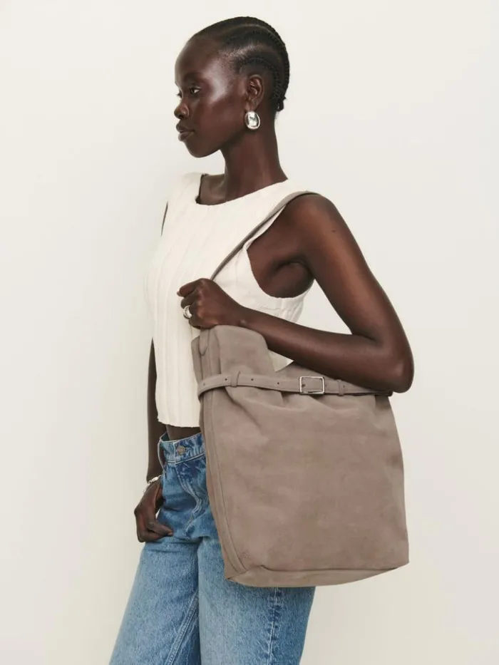 Bags The Reformation Alessandra Bucket Bag Taupe Suede