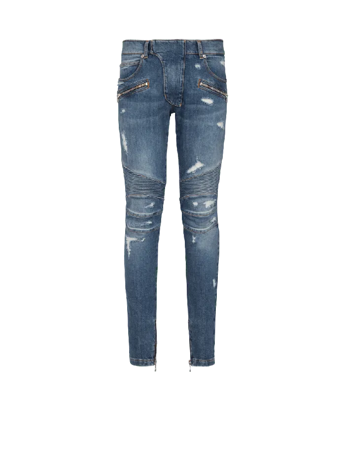 Balmain Denim Men Biker Jeans In Faded Denim Blue