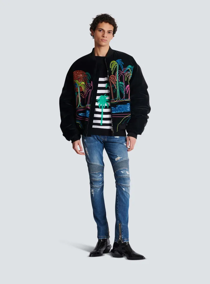 Balmain Denim Men Biker Jeans In Faded Denim Blue